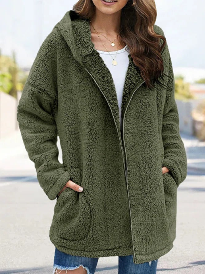 Leyalora | Damen Teddyjacke mit Reißverschluss – Olivegrün